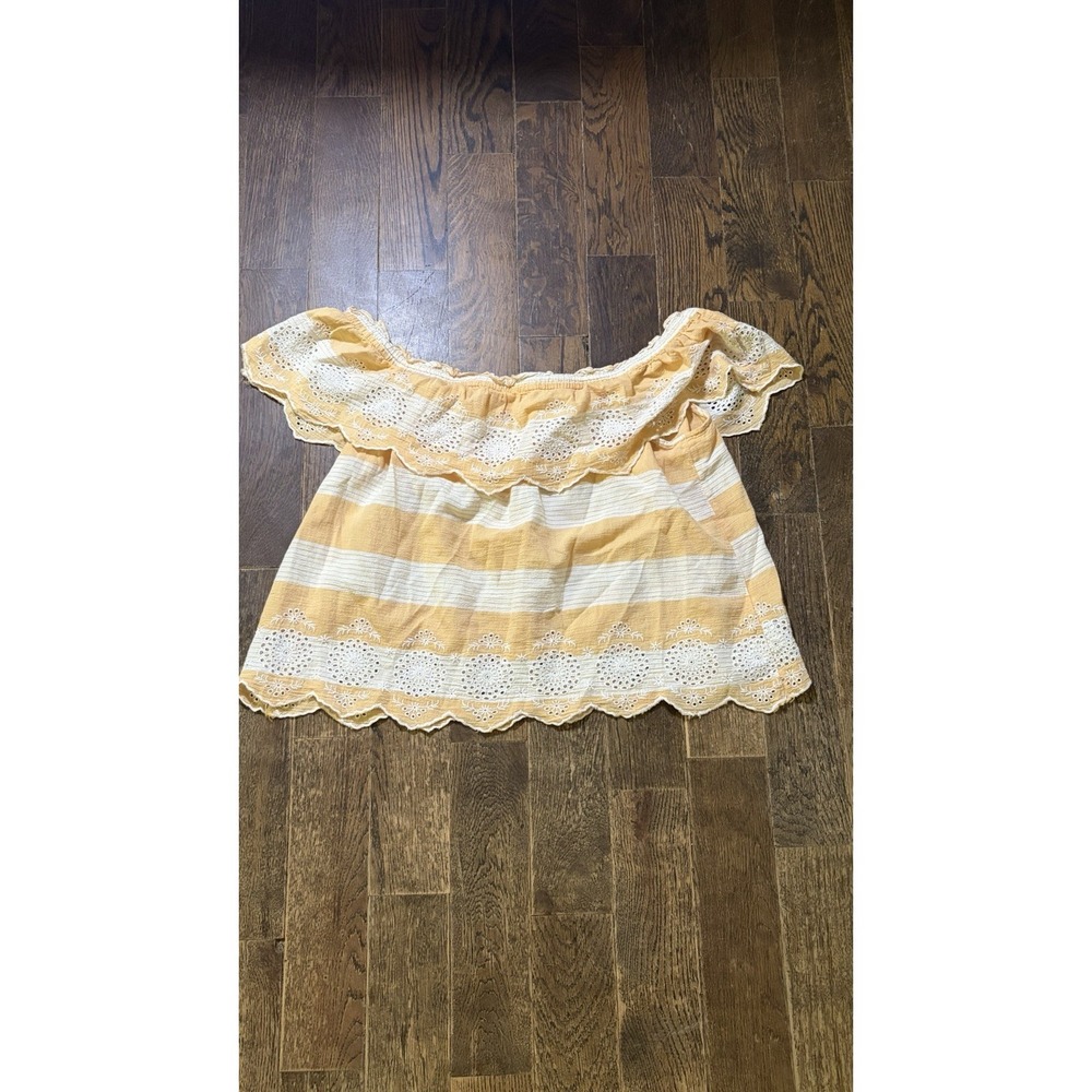 American Eagle Women's Tan Striped Eyelet Lace Off The Shoulder Ruffle Top Sz M
